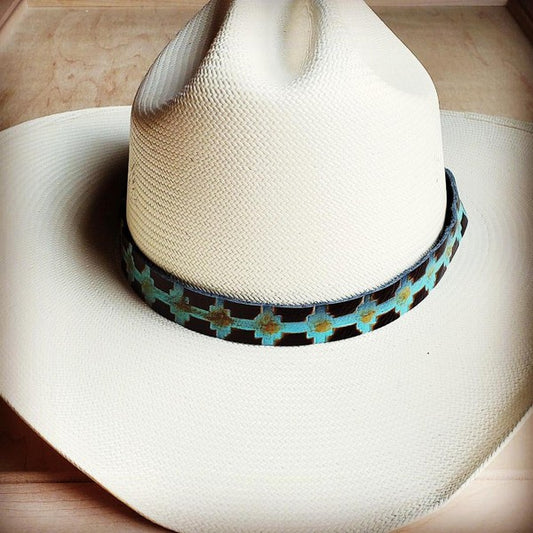 Blue Navajo Embossed Leather Hat Band Only