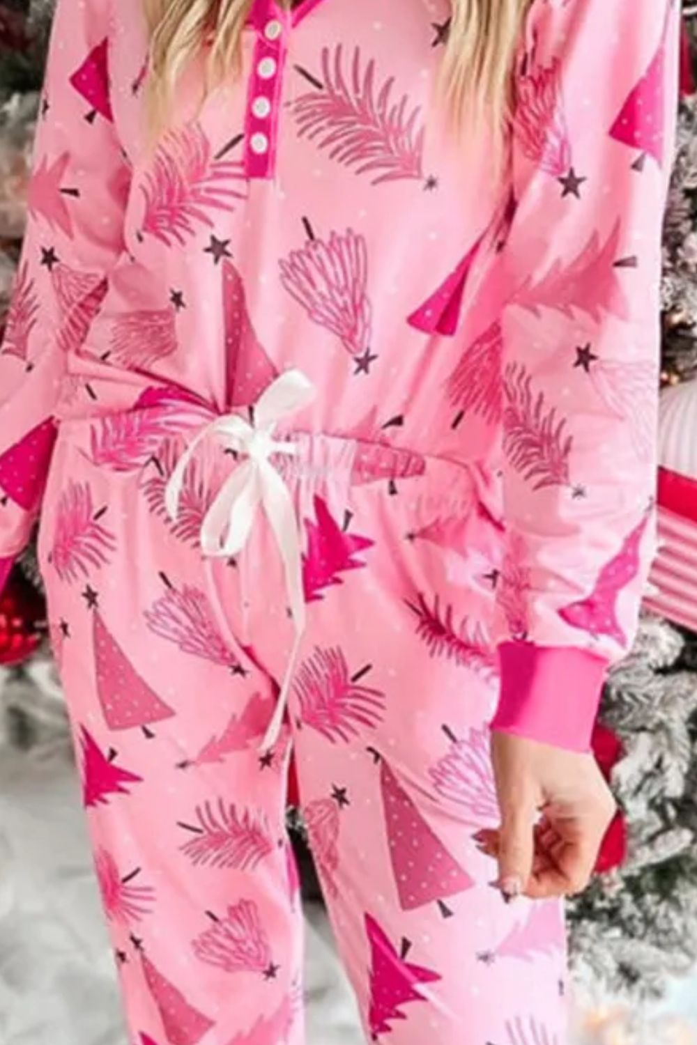 Pink V-Neck Long Sleeve Top and Pants Lounge Set